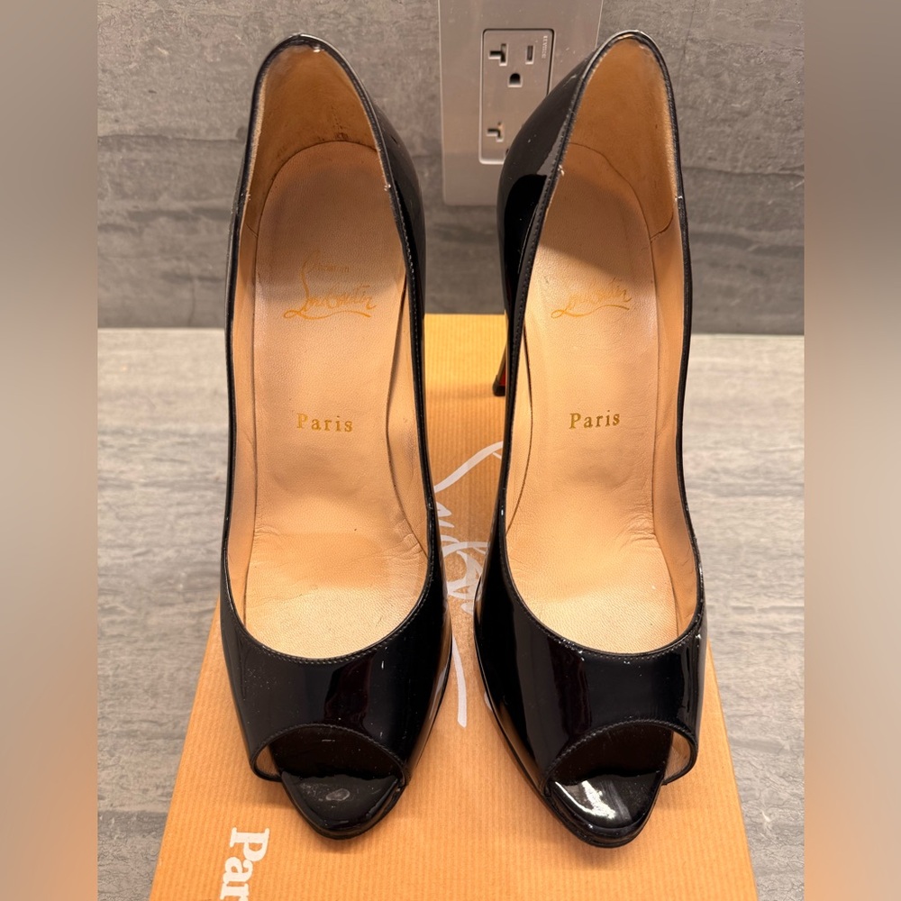 Christian Louboutin Glossy Black Peep Toe Heels - Picture 3 of 7